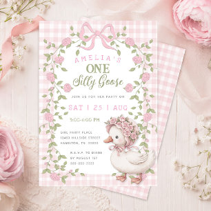Convite Uma Festa de Aniversário Rosa Xadrez da Gansa Boba
