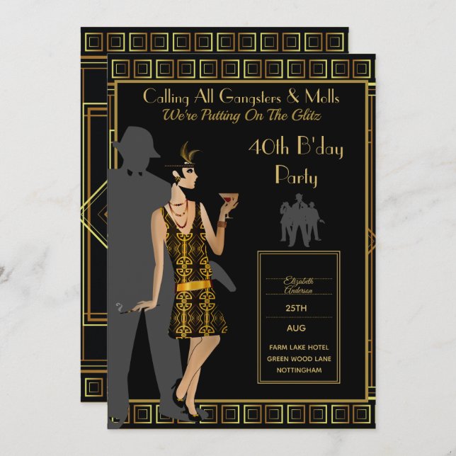 Convite Uma Festa de Anos 20 Rugindo, Gângster Flapper Dec (Frente/Verso)