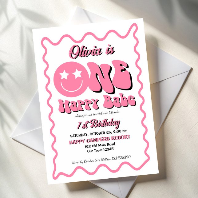 Convite Uma festa de primeiro aniversario cor-de-rosa para (One happy babe retro pink 1st birthday party invitation template)