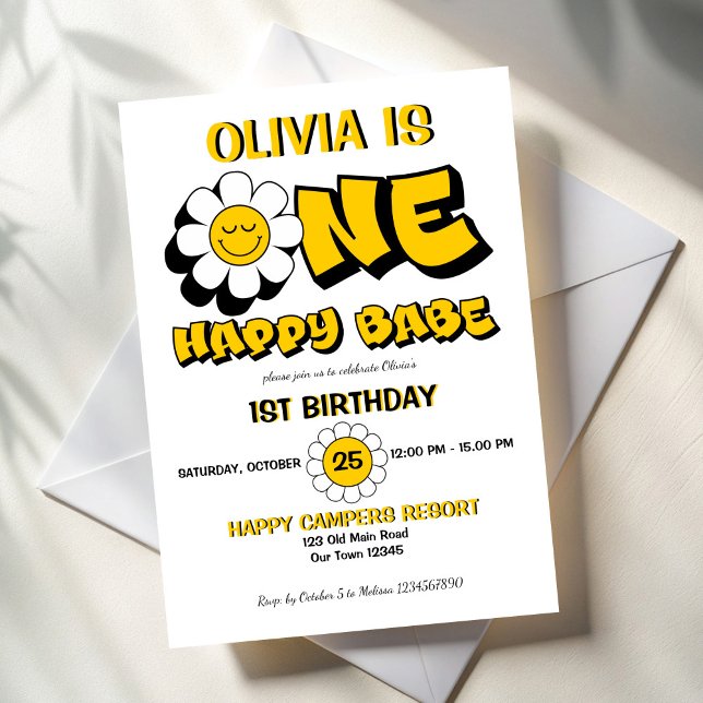 Convite Uma festa de primeiro aniversario retrô de margari (One happy babe retro groovy daisy girls 1st birthday party invitation template yellow and black)