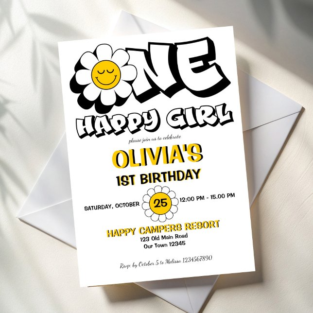Convite Uma festa de primeiro aniversario retro de margari (One happy girl retro daisy girls 1st birthday party invitation template cute black and white groovy)