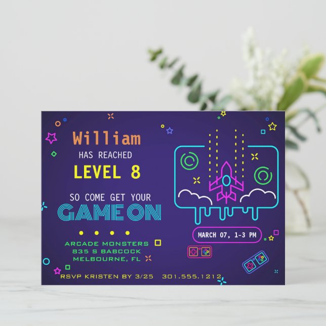 Convite Uma festa do Neon Retro para jogos (Em pé/Frente)