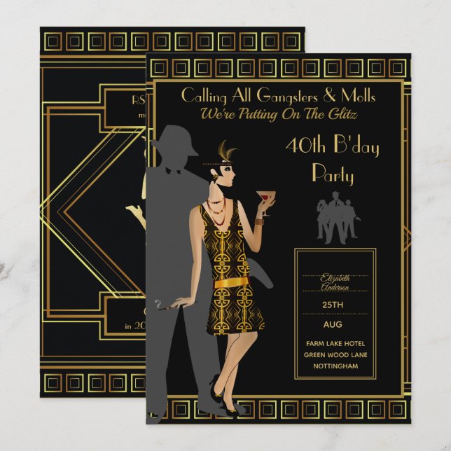 Convite Uma Festa do Roaring Twenties, Gângster Flapper De (Frente/Verso)