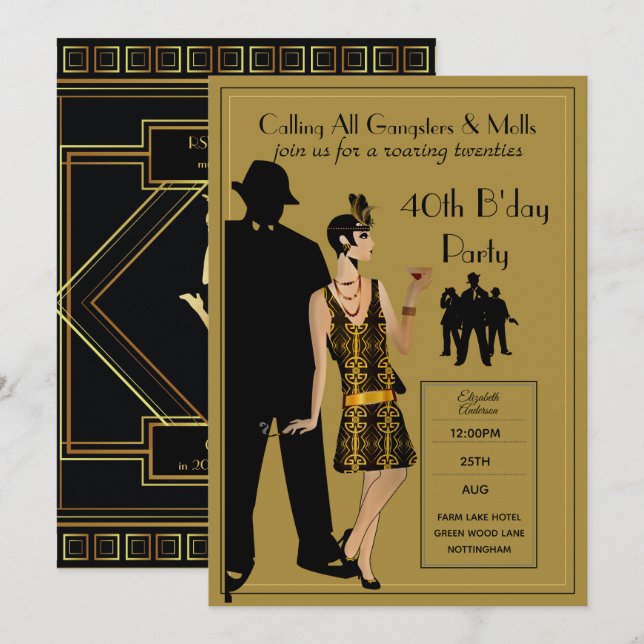Convite Uma Festa Roaring Twenties, Gângster Flapper Deco (Frente/Verso)