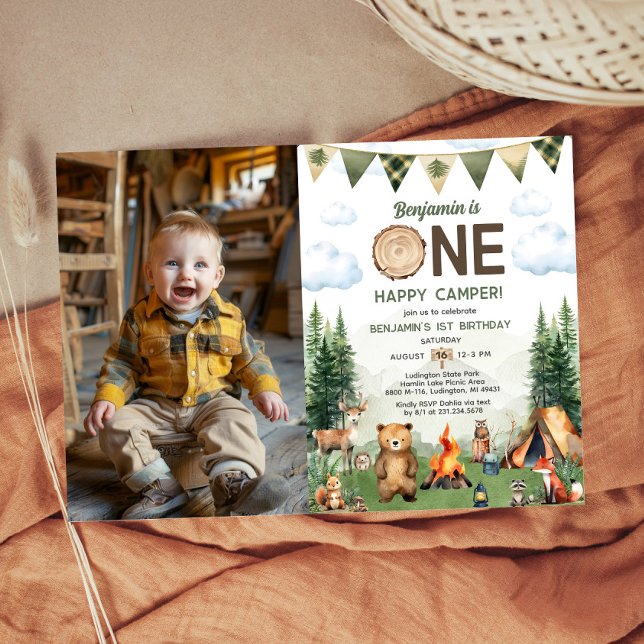 Convite Uma Foto do primeiro aniversario de Camper Feliz (One Happy Camper 1st Birthday Photo Invitation
)