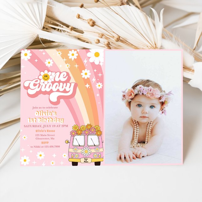Convite Uma Foto do primeiro aniversario Rainbow Retro Gro (Criador carregado)