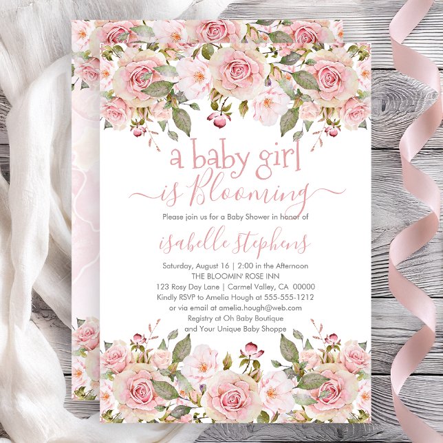 Convite Uma Garota Bebê É Um Chá de fraldas Floral Rosa Qu (A Baby Girl Is Blooming Pink Roses Floral Baby Shower Invitation - Print | Digital Download)