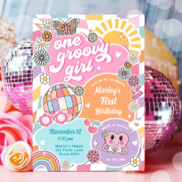 Convite Uma Garota de Groovy Retro Pré-Papoila Varsity Ani