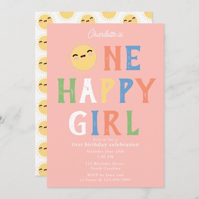 Convite Uma Garota Feliz Aniversário Convidar Sol primeiro (Frente/Verso)
