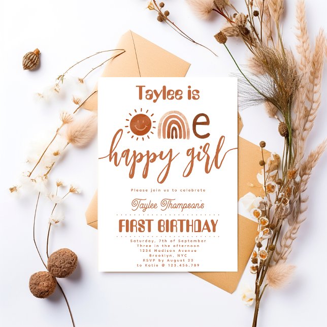 Convite Uma garota feliz Boho Rainbow Sunshine Aniversário (Criador carregado)
