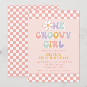 Convite Uma Garota Groovy Retro Garota Primeiro Aniversári