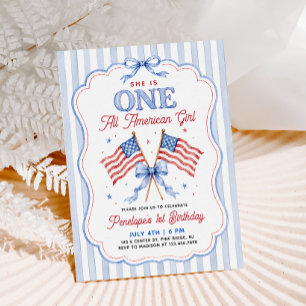 Convite Uma Menina Americana Patriótica de 1 Ano de Idade