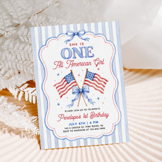 Convite Uma Menina Americana Patriótica de 1 Ano de Idade