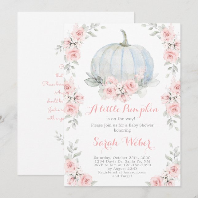 Convite Uma menina chá de fraldas rosa de abóbora (Frente/Verso)