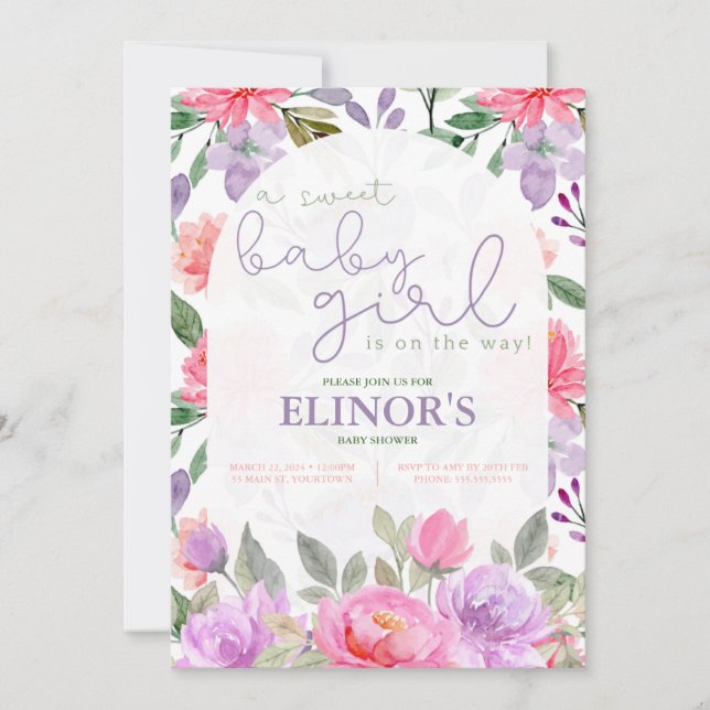 Convite Uma Menina Doce Roxo e Chá de fraldas Floral Rosa (Frente)
