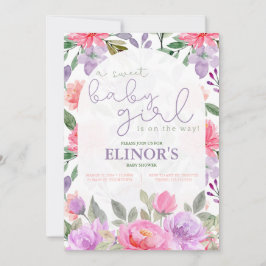 Convite Uma Menina Doce Roxo e Chá de fraldas Floral Rosa