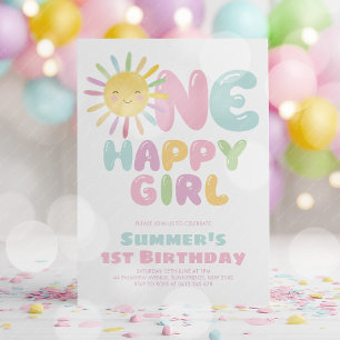 Convite Uma Menina Feliz Sol 1º Aniversário Rosa Azul