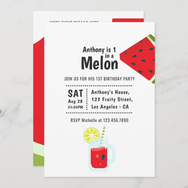 Convite Uma na primeira Festa de aniversário do Melon (Frente/Verso)