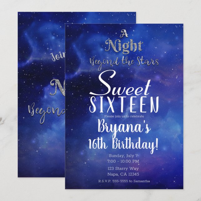 Convite Uma Noite Além das Estrelas Festa Sweet 16 Estrela (Frente/Verso)