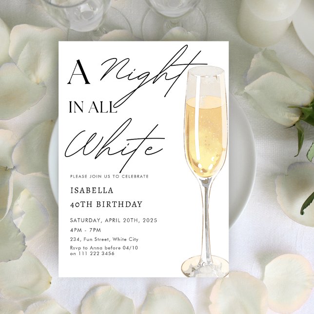 Convite Uma Noite em Champanhe do Partido Branco (A Night in All White Party Champagne Birthday Invitation)