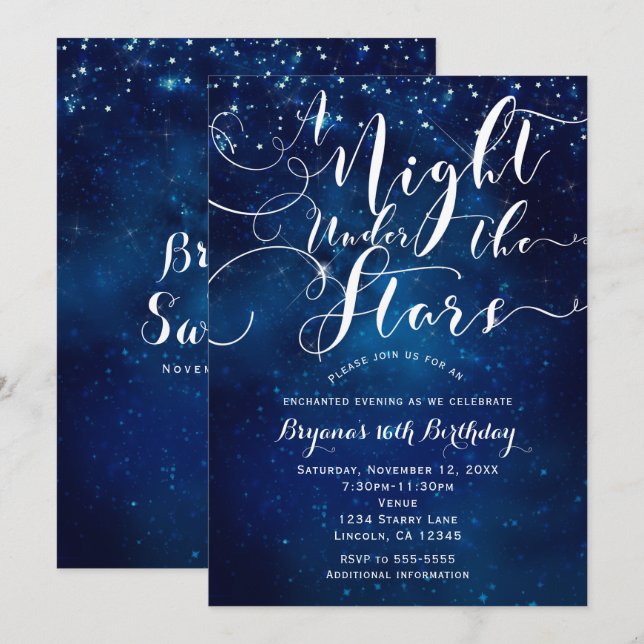 Convite UMA NOITE SOB AS ESTRELAS Céu Azul Estelar Brilhan (Frente/Verso)