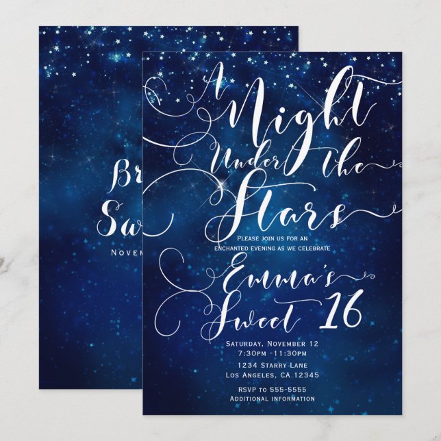 Convite UMA NOITE SOB AS ESTRELAS Céu Azul Estrelado Sweet (Frente/Verso)