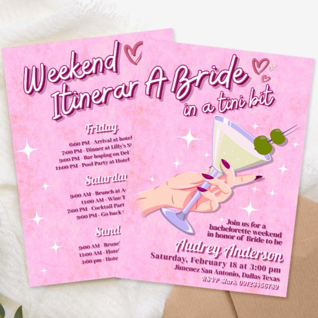 Convite Uma Noiva em Um Pouco de Fim de Semana de Solteira (A Bride in Tini Bit Bachelorette Weekend Itinerary Invitation
)