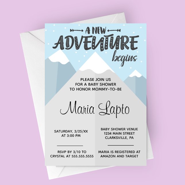 Convite Uma nova aventura começa o Chá de fraldas de inver (A New Adventure Begins Winter Mountain Baby Shower Invitation)