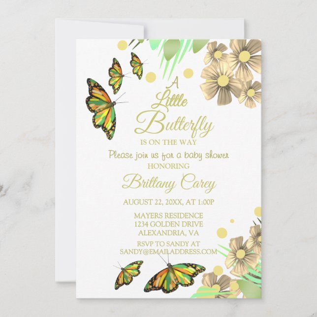 Convite Uma Pequena Borboleta Está No Caminho Bebê Floral (Frente)