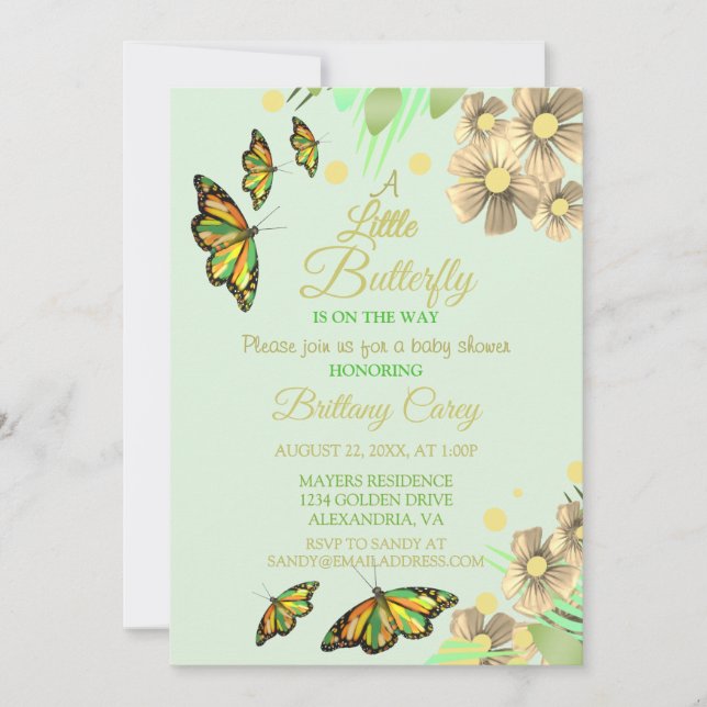 Convite Uma Pequena Borboleta Está No Caminho Bebê Floral (Frente)