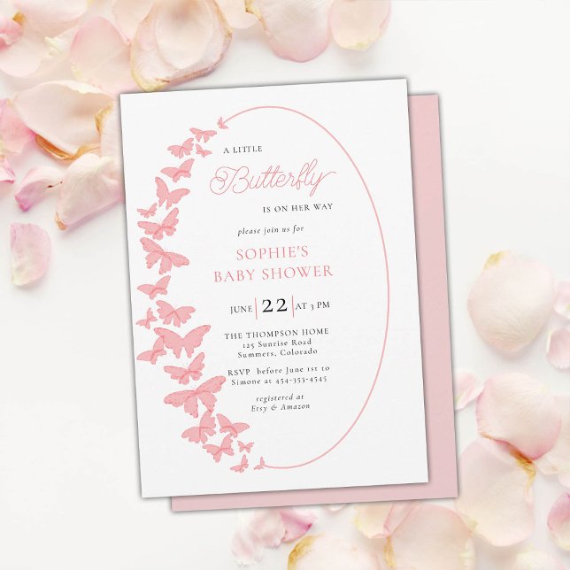 Convite Uma Pequena Chá de fraldas De Garota Rosa-Rosa-Boh (little butterfly baby girl shower invitation boho chic romantic coral pink whimsical elegant classy )