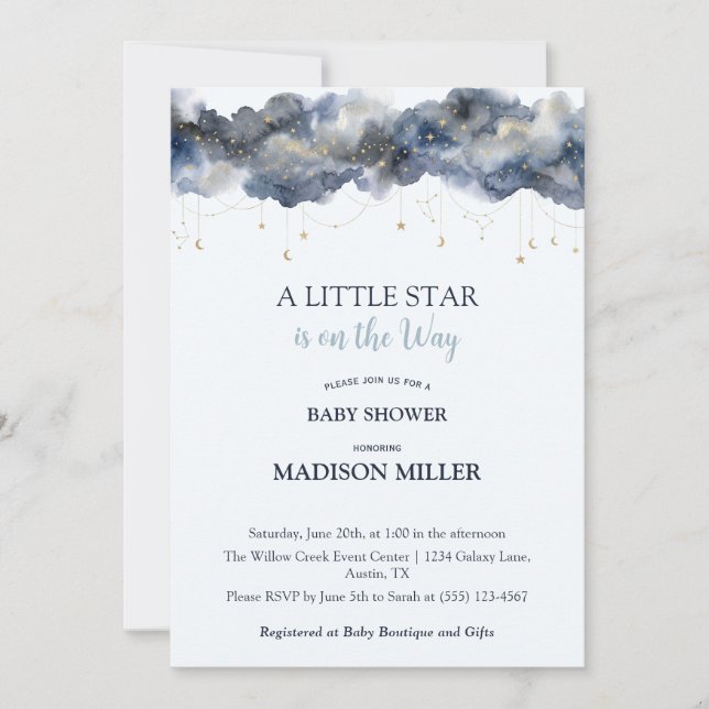 Convite Uma Pequena Estrela Chuva de Bebê Marinha Celestia (Frente)
