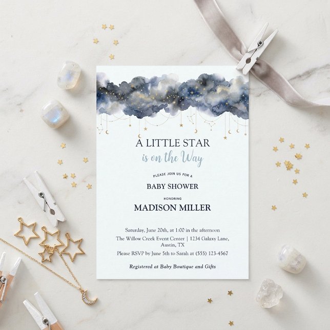 Convite Uma Pequena Estrela Chuva de Bebê Marinha Celestia (A Little Star Celestial Navy Cloud Baby Shower Watercolor Invitation)