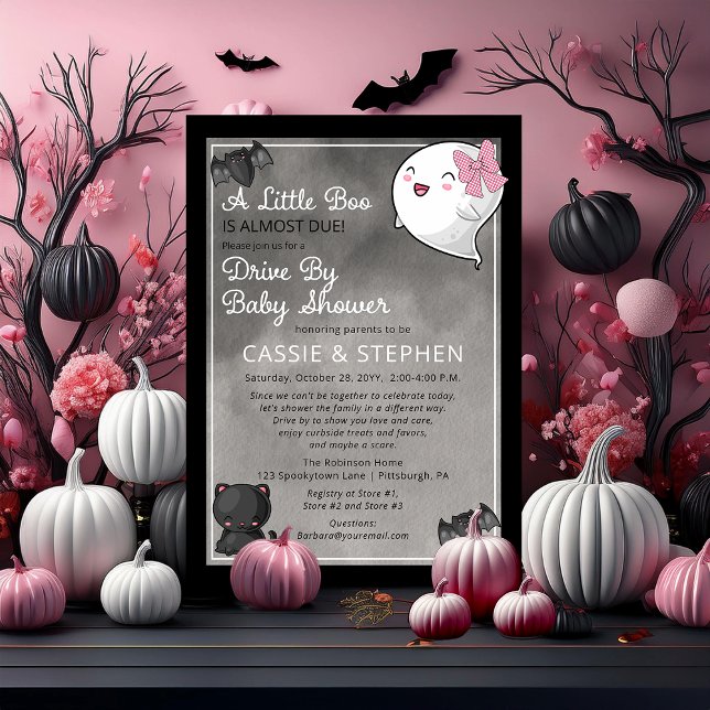 Convite Uma Pequena Garota Fantasma De Boo Dirigindo Por C (Cute "A Little Boo" "Drive By Baby Shower" Girl Coquette Ghost Kawaii Baby Shower Invitation)