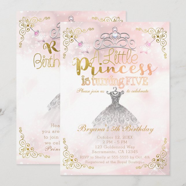 Convite Uma Pequena Princesa completando CINCO anos Festa  (Frente/Verso)
