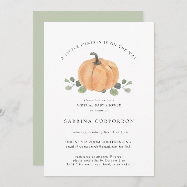 Convite Uma Pequena Pumpkin está no caminho da aquarela vi (Frente/Verso)