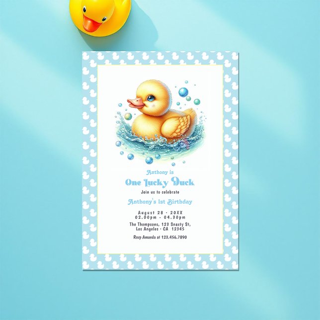 Convite Uma primeira Festa de aniversário de Duque Sortudo (One Lucky Duck First Birthday Party Invitation)