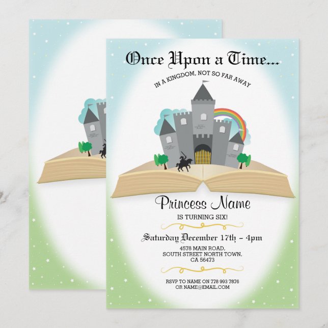 Convite Uma vez no Time Story Book Princesa Aniversário (Frente/Verso)
