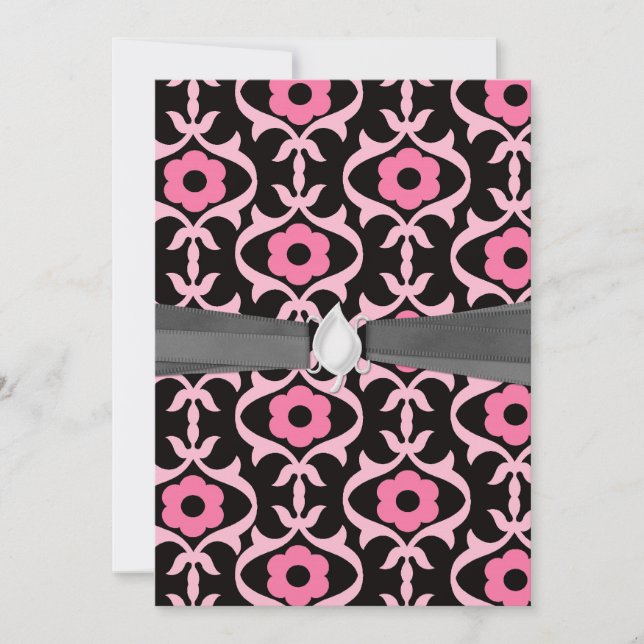 Convite umdamasco de flores rosa-chic em preto (Frente)