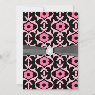 Convite umdamasco de flores rosa-chic em preto