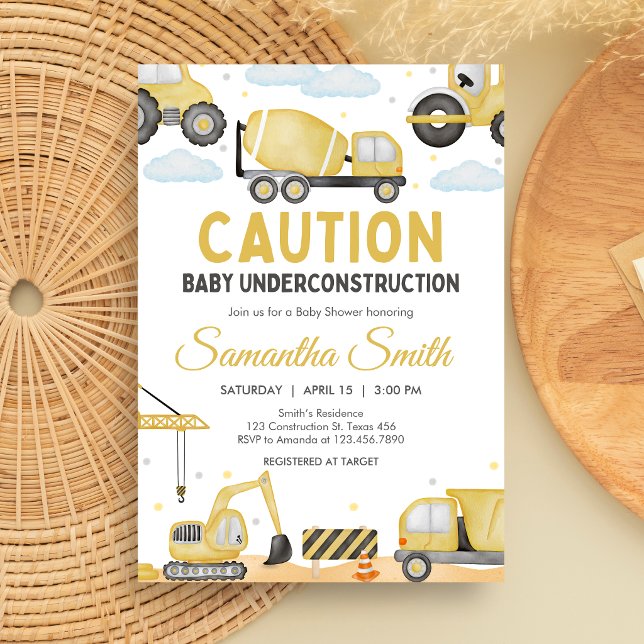 Convite Under Construction Baby Shower (Caution Baby Under Construction Baby Shower Invitation)