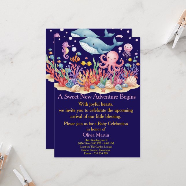 Convite Under Sea Whale Baby Shower Custom Invitation (Frente/Verso In Situ)
