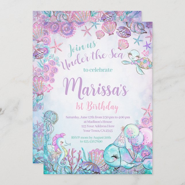 Convite Under the Sea Animals Birthday Invitation (Frente/Verso)