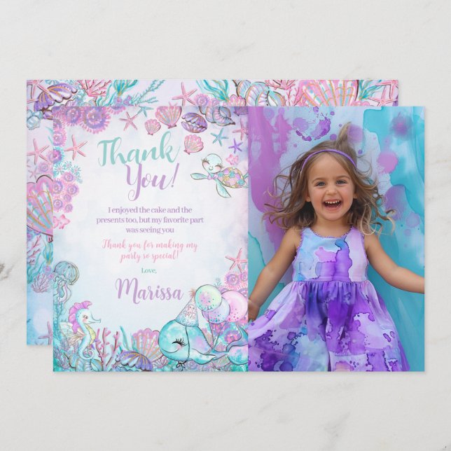 Convite Under the Sea Animals Thank You Cards with Photo (Frente/Verso)