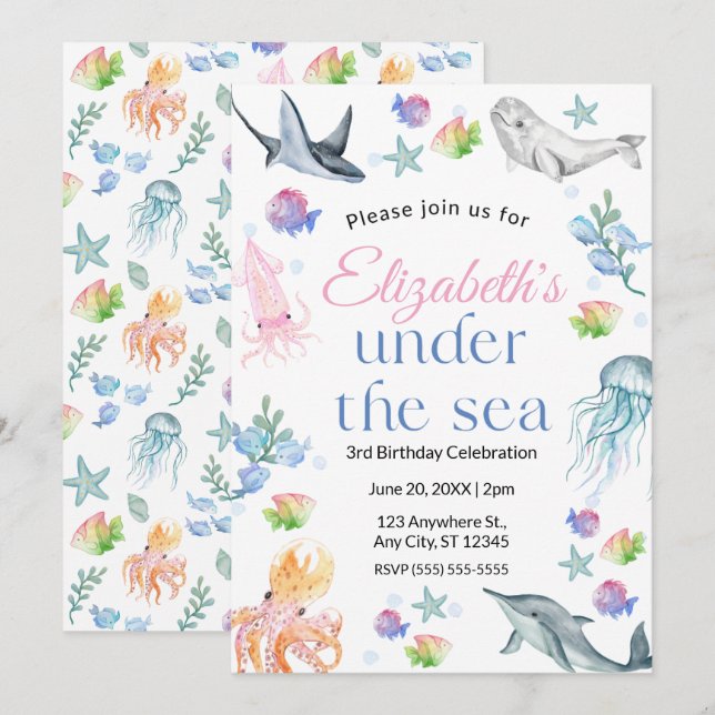 Convite Under the Sea Birthday Invitation (Frente/Verso)