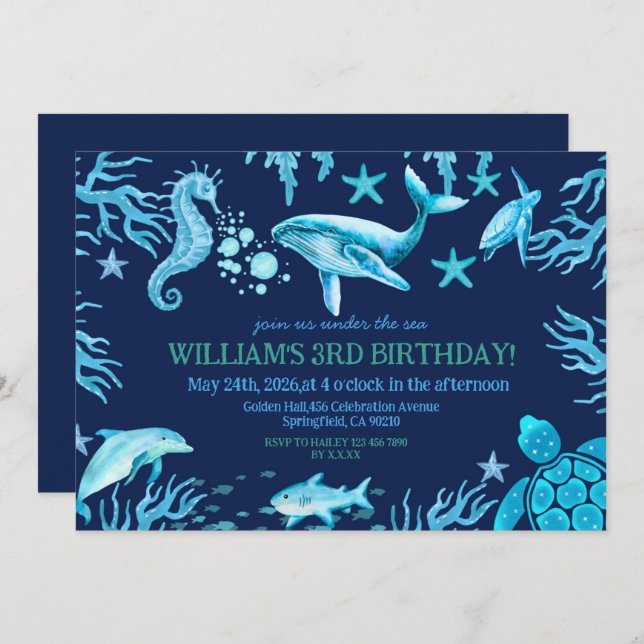 Convite Under the Sea birthday invitation, ocean boy  (Frente/Verso)