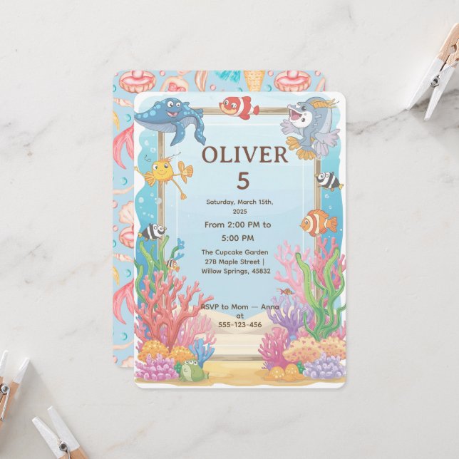 Convite Under the Sea Birthday Invitation, Oliver 4th  (Frente/Verso In Situ)
