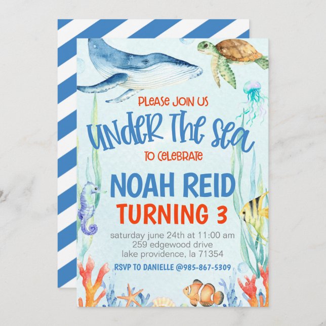 Convite Under the Sea Birthday Party Invitation (Frente/Verso)