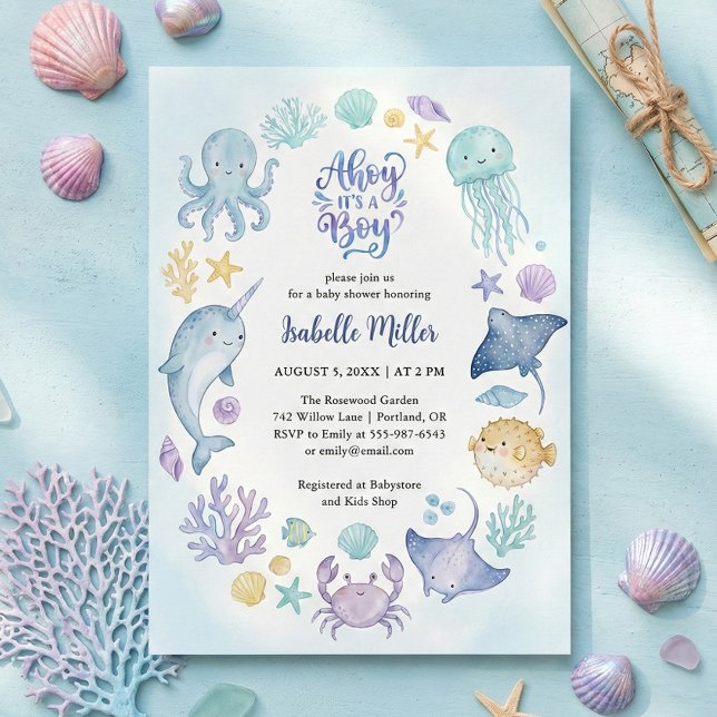 Convite Under the Sea Blue Ahoy It's a Boy Baby Shower (Under the Sea Blue Ahoy It's a Boy Baby Shower Invitation)