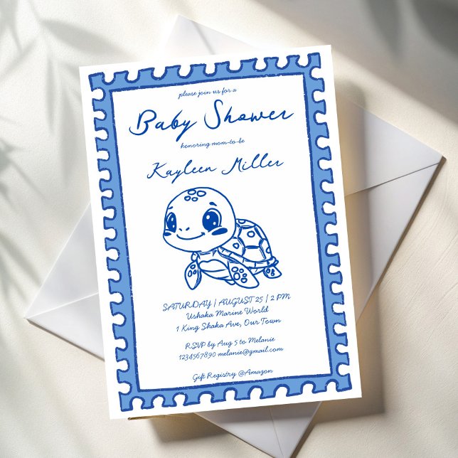 Convite Under the sea blue cute turtle baby shower (Under the sea turtle blue cute hand drawn post stamp turtle baby shower invitation cards template )